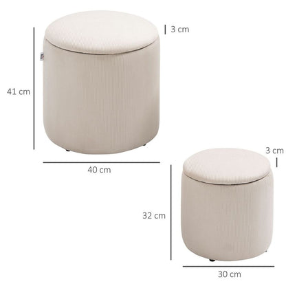 Premium Corduroy Storage Ottomans, Set of 2, Removable Lid, Cream White