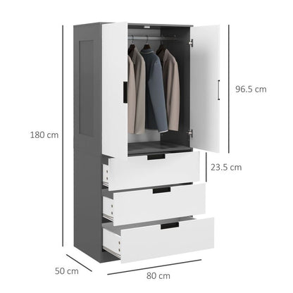 HOMCOM Grey 2 Door Wardrobe | 3 Drawer | Hanging Rod | Bedroom Storage