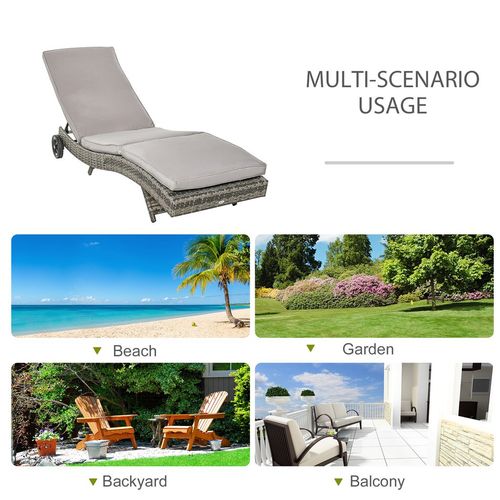 Outsunny Outdoor Reclining Lounge Chair, PE Wicker, Rolling Wheels, Grey