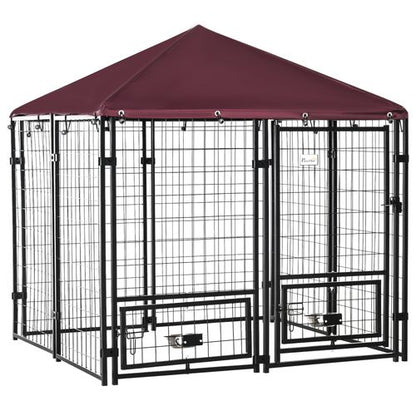 PawHut Dog Kennel with Rotating Bowl Holders, Cover, Outdoor Dog Run