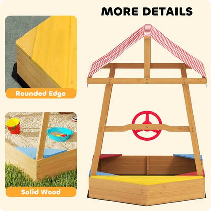 AIYAPLAY Wooden Kids Sandpit with Canopy, Seats, Rudder & Bottom Liner
