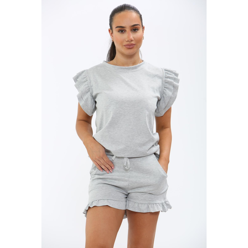 Ladies Frill Peplum Sleeve Top and Short 2 Piece Tracksuit Set