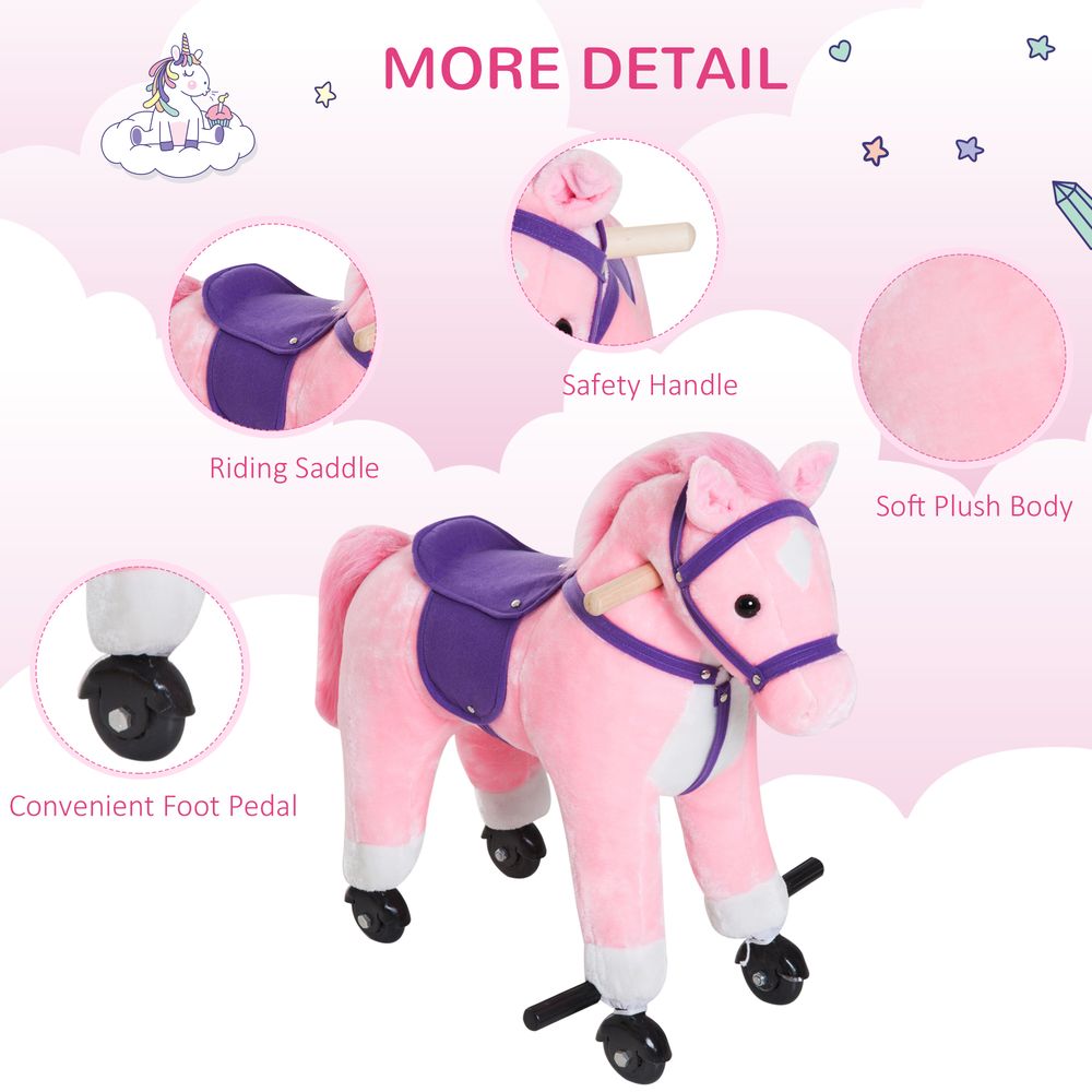 HOMCOM Wooden Action Pony Wheeled Walking Horse Riding Little Baby Plush Toy Wooden Style Ride on Animal Kids Gift w/Sound (Pink)