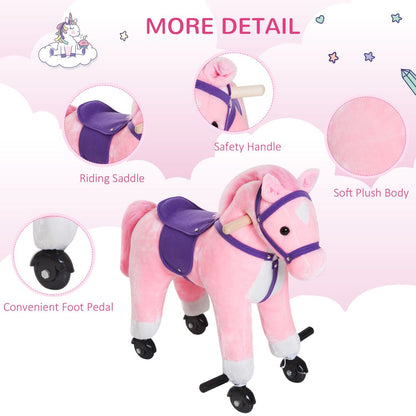 HOMCOM Wooden Action Pony Wheeled Walking Horse Riding Little Baby Plush Toy Wooden Style Ride on Animal Kids Gift w/Sound (Pink)
