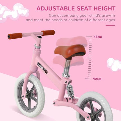 HOMCOM 12" Kids Balance Bike No Pedal Bicycle EVA Tire Adjustable Seat Toddler Training Bike W/Shock Absorber 2-5 Years Gift for Boys Girls Pink