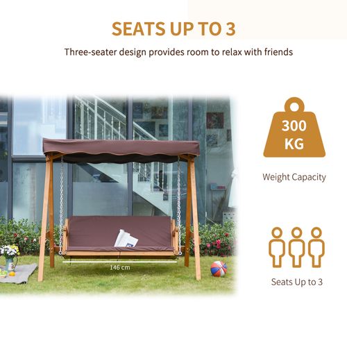 3 Seater Swing Chair & Adjustable Canopy, Wooden Hammock Bench Brown