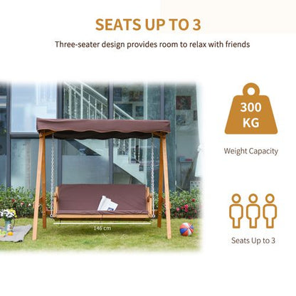 3 Seater Swing Chair & Adjustable Canopy, Wooden Hammock Bench Brown