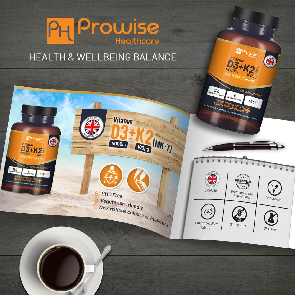 High Potency Vitamin D3 & K2 MK7 4000IU/100μg 180 Tablets for Immune Support, Bone Health | Prowise