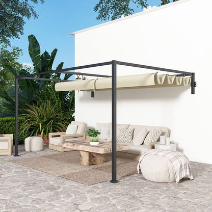 Outsunny 3 x 4m Wall Mounted Pergola with Retractable Roof, Khaki