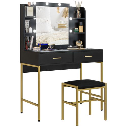 HOMCOM Makeup Vanity Desk Set with Lighted Mirror, Stool, Drawers