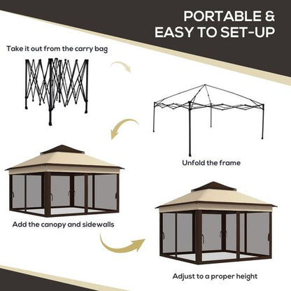 Outsunny 3 x 3(m) Pop Up Gazebo Tent with Netting, Height Adjustable, Beige