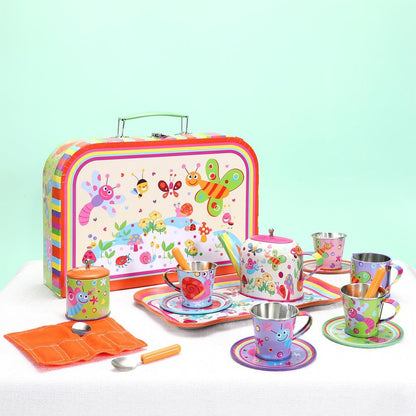 SOKA Bug Tin Tea Set - 18pc Kids Toy Tea Party Set with Colorful Illustrations - Includes Matching Car