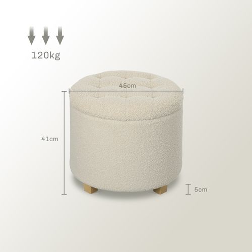 HOMCOM 45cm Round Ottoman with Storage, Lid, Cashmere Footstool, Cream White
