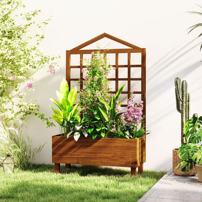 Outsunny Wooden Garden Planters with Trellis for Vine Climbing Plants Brown