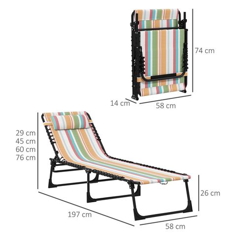 Outsunny 2 Pcs Folding Beach Chair Chaise Lounge 4 Adjustable Positions, Multi