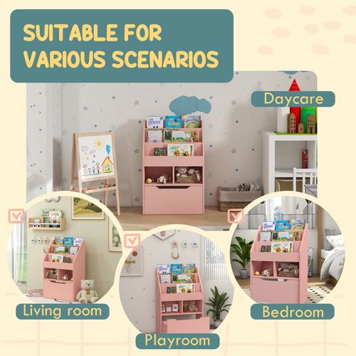HOMCOM Kids Bookcase, Toy Box w/ Storage Drawer, Wheels for Bedroom - Pink