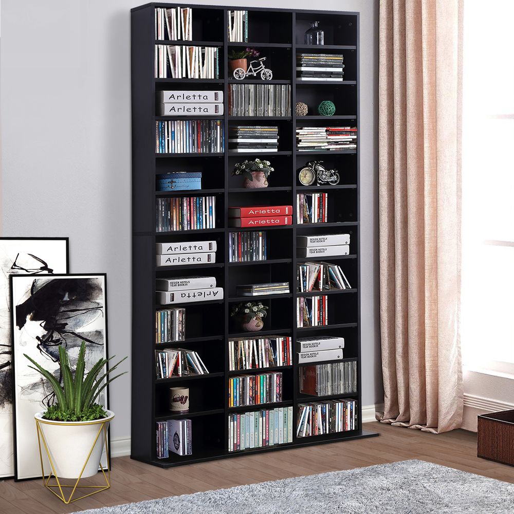 HOMCOM CD DVD Media Storage Shelves Display Shelf Racks Wooden Frame Black (for 1116 CDs or 528 DVDs/Blu-rays)