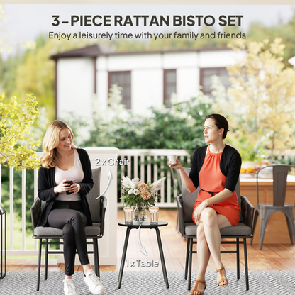 Outsunny Rattan Bistro Set, Balcony Table and Chairs with 4 Cushions, Grey