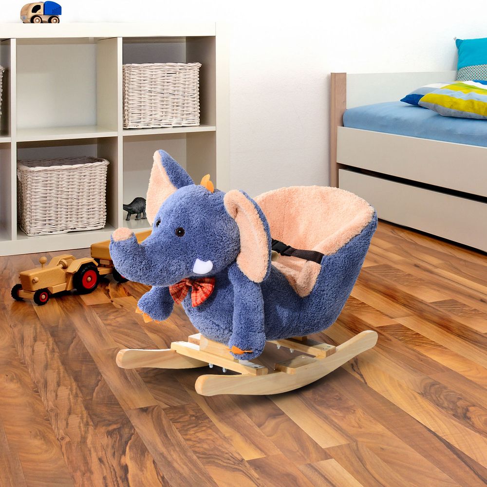 HOMCOM Children Kids Rocking Horse Toys Plush Elephant Rocker Seat with Sound Toddler Baby Gift for 1.5 Years+ Blue