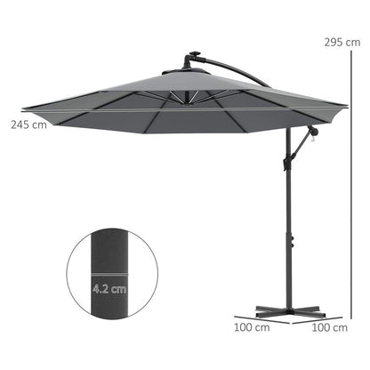 Outsunny 3(m) LED Patio Banana Umbrella Cantilever Parasol w/ Crank, Grey