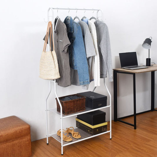 White Clothes Rail: Space Saving Storage with 2 Shelves, Hooks. Sturdy Steel Design, Elegant Style. Perfect for Any Room. 150cm