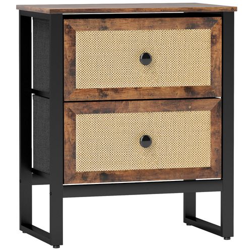 Homcom Bedside Table with 2 Rattan Drawers and Steel Legs, Rustic Brown
