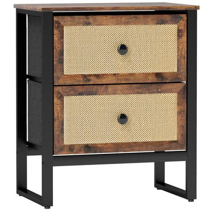 Homcom Bedside Table with 2 Rattan Drawers and Steel Legs, Rustic Brown