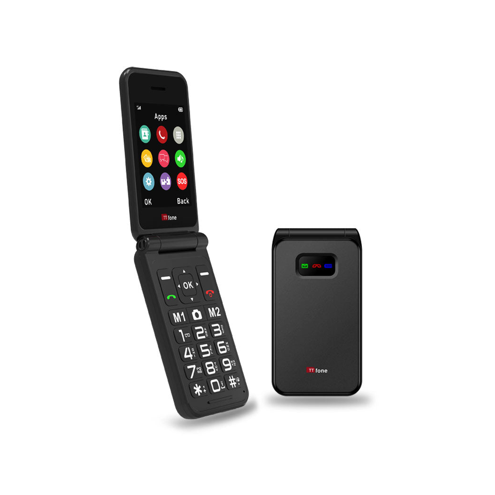TTfone Black TT760 Flip 4G Mobile + Mains Charger, GiffGaff Pay As You Go. Big Button Phone, Emergency Assistance Button