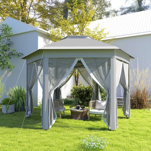 Outsunny 3x4m Hexagon Gazebo w/ Mesh Curtains Outdoor Garden, Dark Grey