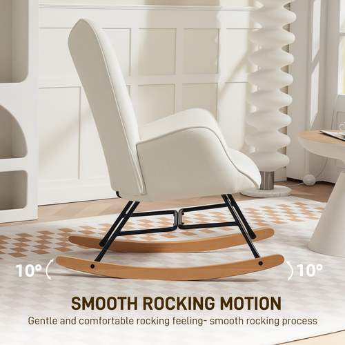 HOMCOM Upholstered Velvet Rocking Chair with Solid Wood Legs, Cream