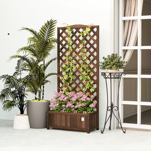 Outsunny Garden Wooden Planter Box with Trellis Flower Raised Bed Dark Brown