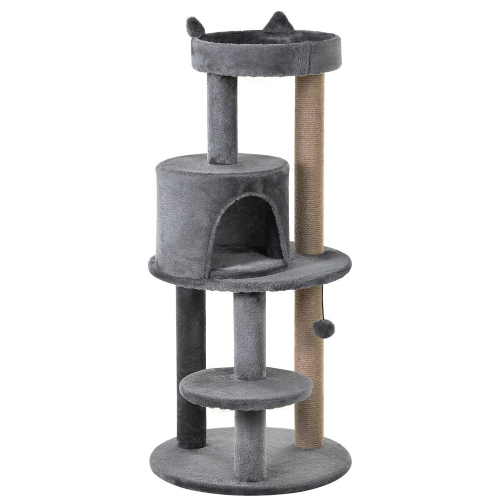PawHut 104 cm Cat Tree, Cat Condo Tree Tower, Cat Activity Centre with Scratching Posts, Plush Perch, Hanging Ball - Grey
