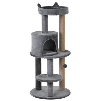PawHut 104 cm Cat Tree, Cat Condo Tree Tower, Cat Activity Centre with Scratching Posts, Plush Perch, Hanging Ball - Grey