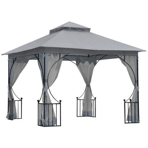 Outsunny 3 x 3(m) Garden Gazebo Patio Party Tent Shelter Outdoor Canopy Double Tier Sun Shade Metal Frame Netting Light Grey