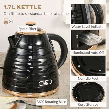 Homcom Kettle and Toaster Set 1.7L Rapid Boil Kettle & 4 Slice Toaster Black