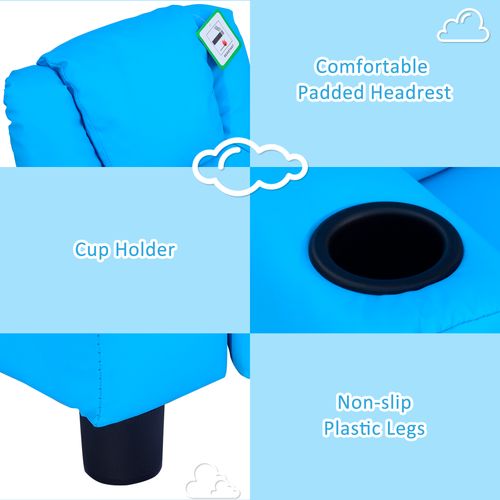 HOMCOM Kids Recliner, PU Leather Kids Armchair, Kids Chair, Toddler Armchair with Adjustable Backrest, Footrest, Padded Headrest, Cup Holder, Blue