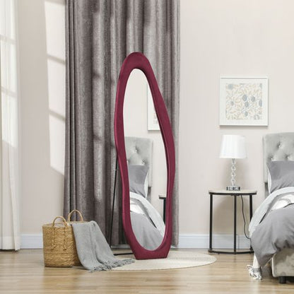 HOMCOM Irregular Full Length Mirror with Velvet Frame 160 x 50cm Wine Red