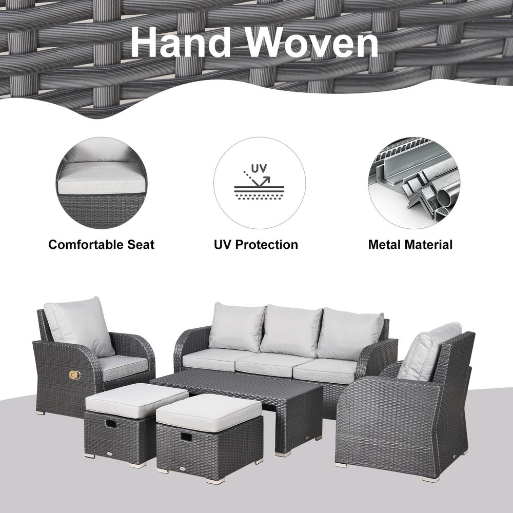 7-Seater Outdoor Garden Rattan Furniture Set w/ Recliners Grey