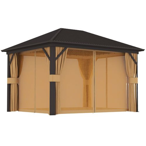 Outsunny 3.6 x 3(m) Metal Garden Hardtop Gazebo with Screened Curtain Brown