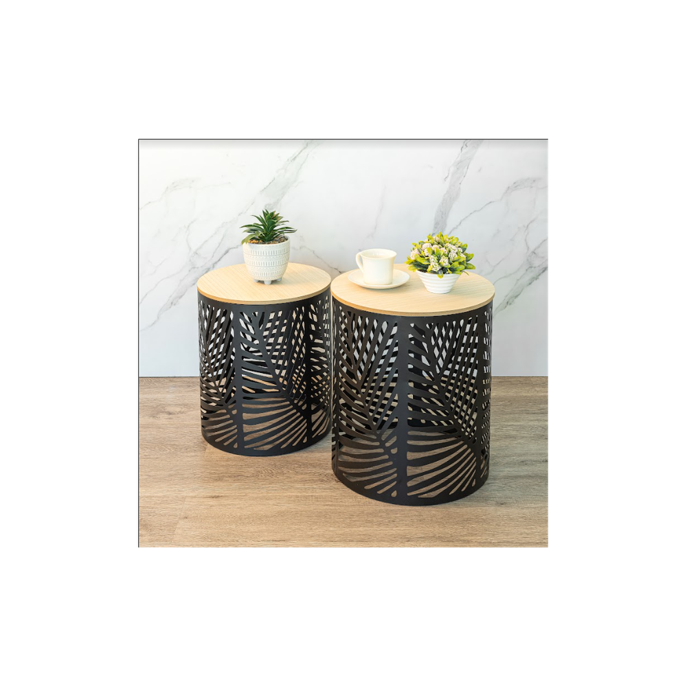 Premium Leaf Cut Basket Table Set - SLENDER - 2-Pack | Professional Quality | Iron + MDF | Classic Black