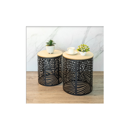 Premium Leaf Cut Basket Table Set - SLENDER - 2-Pack | Professional Quality | Iron + MDF | Classic Black