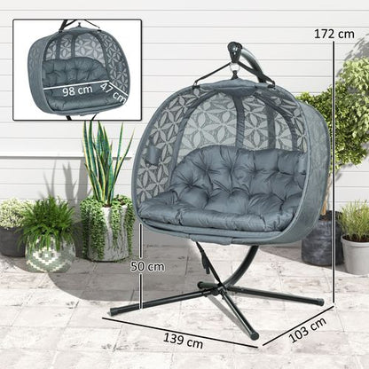 Outsunny Double Hanging Swing Chair w/ Stand & Cup Holders, Charcoal Grey