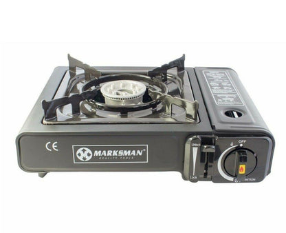 MARKSMAN Portable GAS COOKER Butane Camping Stove FREE Carry Case BBQ Outdoor Indoor Kitchen Hiking Single Burner Caravan House Party Boating Fishing Cookware Garden Patio Picnic Cooking Refills UK