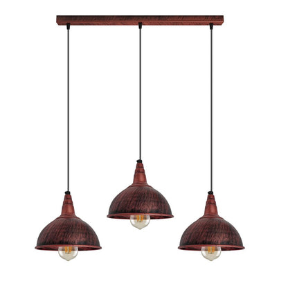 Vintage Industrial Rustic Red 3 Head Pendant - Metal Brushed Light Fitting - Small Dome Lamp Shade - E27 Base
