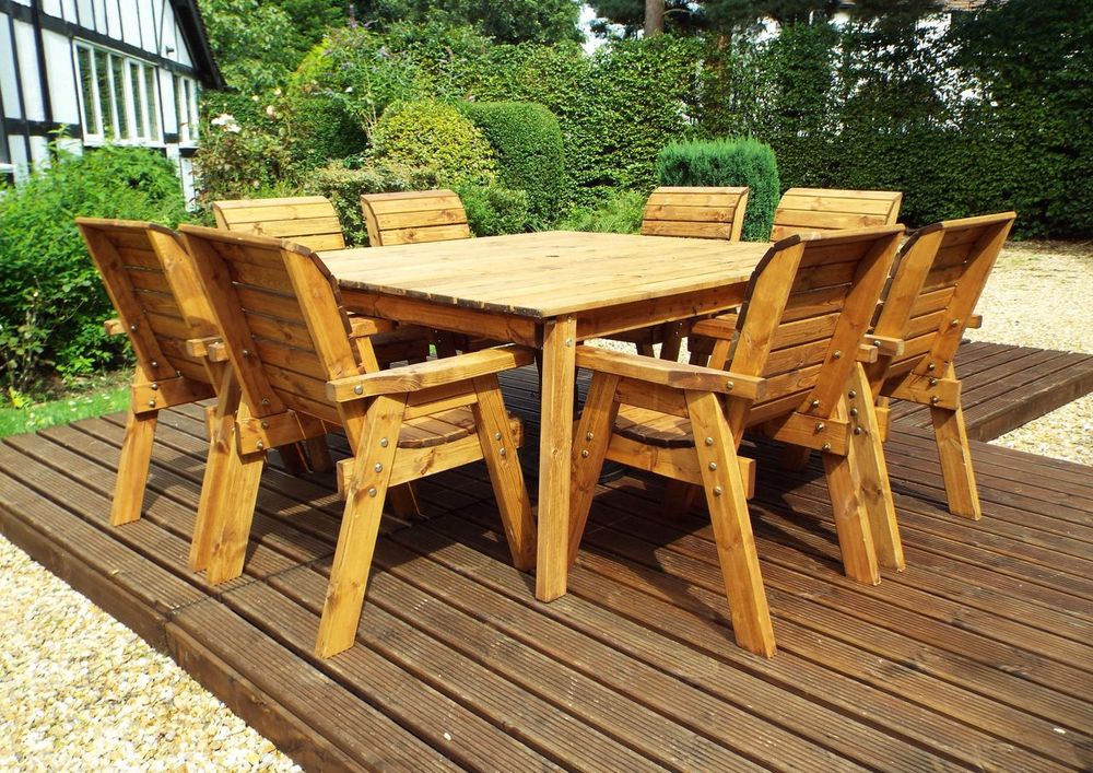 Outdoor Eight Seater Table Set - Solid Wood, Armchairs, Large Square Table, FSC Certified, Rot Free Guarantee