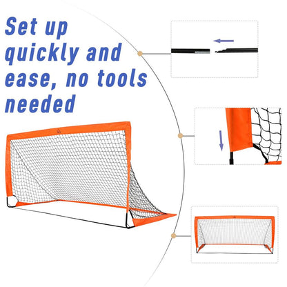 HOMCOM Set of 2 Football Goal Net 6 x 3 ft Foldable Outdoor Sport Training Teens Adults Football with Carrying Bag Orange