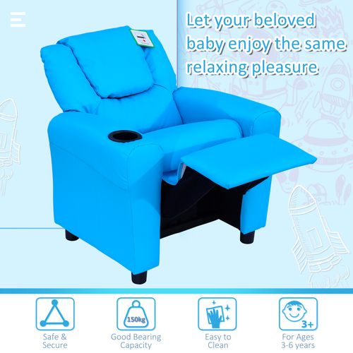 HOMCOM Kids Recliner, PU Leather Kids Armchair, Kids Chair, Toddler Armchair with Adjustable Backrest, Footrest, Padded Headrest, Cup Holder, Blue