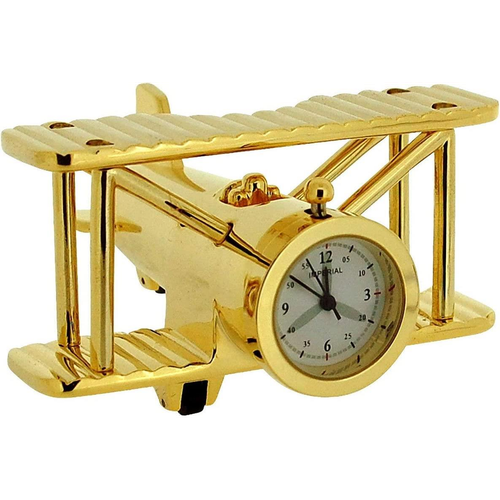 Miniature Clock Goldtone Plated Metal Bi-Plane Design Solid Brass IMP1014S - CLEARANCE NEEDS RE-BATTERY