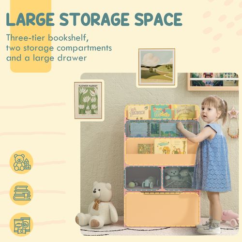 Homcom Kids Bookcase, Toy Box w/ Storage Drawer, Wheels for Bedroom - Pink