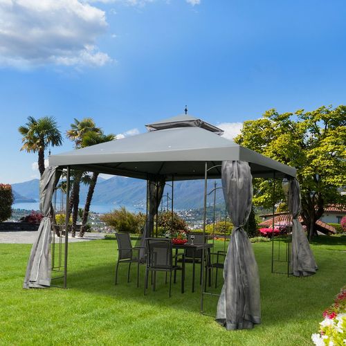 3 x 3(m) Garden Gazebo Double Top Gazebo Canopy w/ Curtains Grey Outsunny